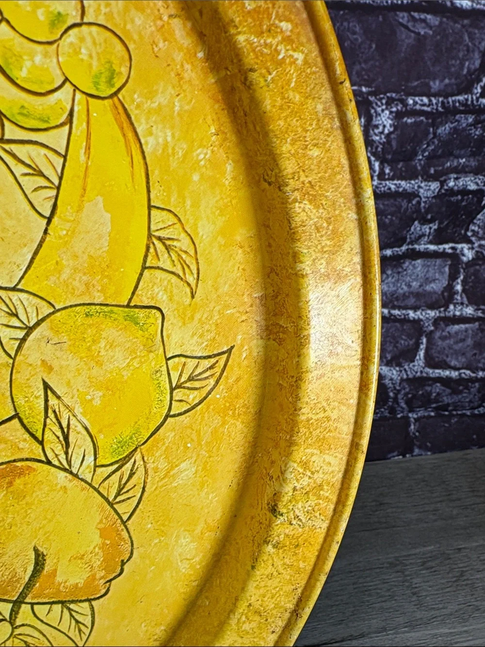 Vintage Large Yellow Metal Tole Fruit Motif Serving Tray